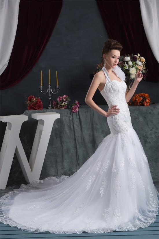 Sleeveless Halter Mermaid/Trumpet Satin Organza Lace Wedding Dresses 2030923 Sleeveless Halter Mermaid/Trumpet Satin Organza Lace Wedding Dresses 2030923