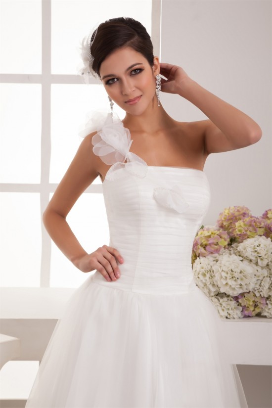 A-Line One-Shoulder Taffeta Netting Floor-Length Wedding Dresses 2030931