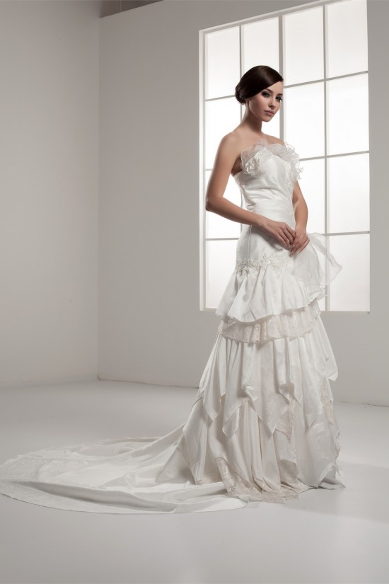 A-Line Strapless Chapel Train Sleeveless Satin Lace Wedding Dresses 2030934