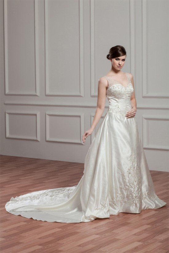 Sleeveless Sheer Satin Fine Netting A-Line Wedding Dresses 2030954 Sleeveless Sheer Satin Fine Netting A-Line Wedding Dresses 2030954