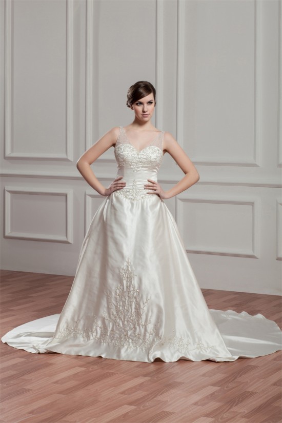 Sleeveless Sheer Satin Fine Netting A-Line Wedding Dresses 2030954 Sleeveless Sheer Satin Fine Netting A-Line Wedding Dresses 2030954
