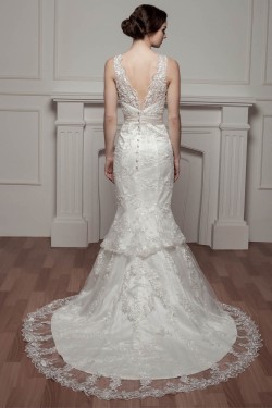 Trumpet/Mermaid V-Neck Beaded Lace Wedding Dresses 2030962