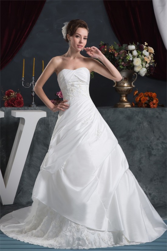 Strapless Satin Taffeta A-Line Sleeveless Lace Beautiful Wedding Dresses 2030999