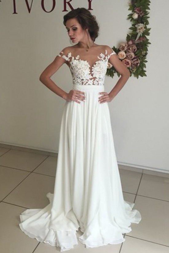 Elegant Illusion Bodice Lace Chiffon Wedding Dresses Bridal Gowns 3030006 Elegant Illusion Bodice Lace Chiffon Wedding Dresses Bridal Gowns 3030006