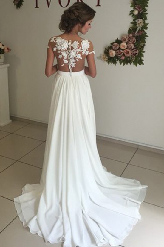 Elegant Illusion Bodice Lace Chiffon Wedding Dresses Bridal Gowns 3030006 Elegant Illusion Bodice Lace Chiffon Wedding Dresses Bridal Gowns 3030006