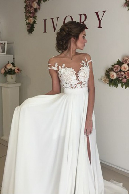 Elegant Illusion Bodice Lace Chiffon Wedding Dresses Bridal Gowns 3030006 Elegant Illusion Bodice Lace Chiffon Wedding Dresses Bridal Gowns 3030006