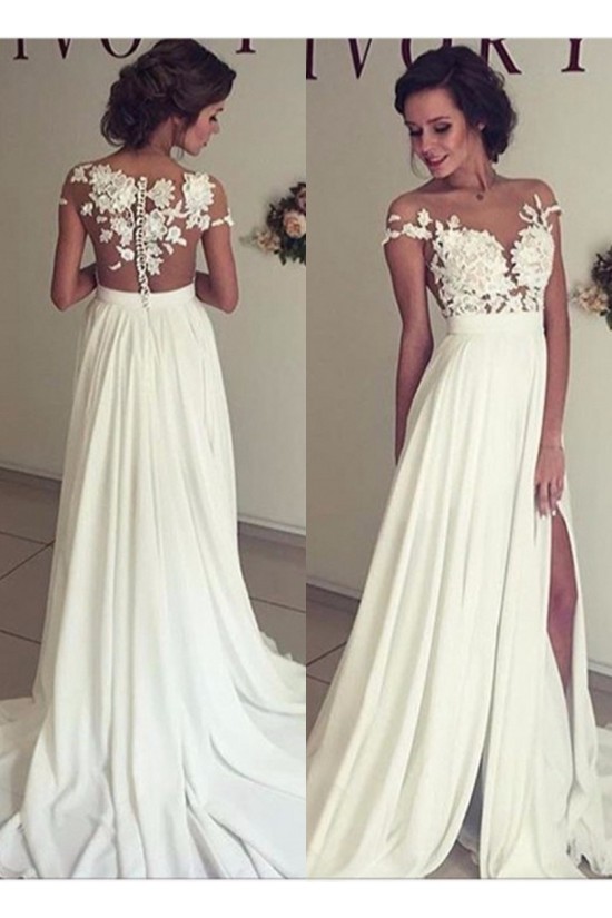 Elegant Illusion Bodice Lace Chiffon Wedding Dresses Bridal Gowns 3030006 Elegant Illusion Bodice Lace Chiffon Wedding Dresses Bridal Gowns 3030006