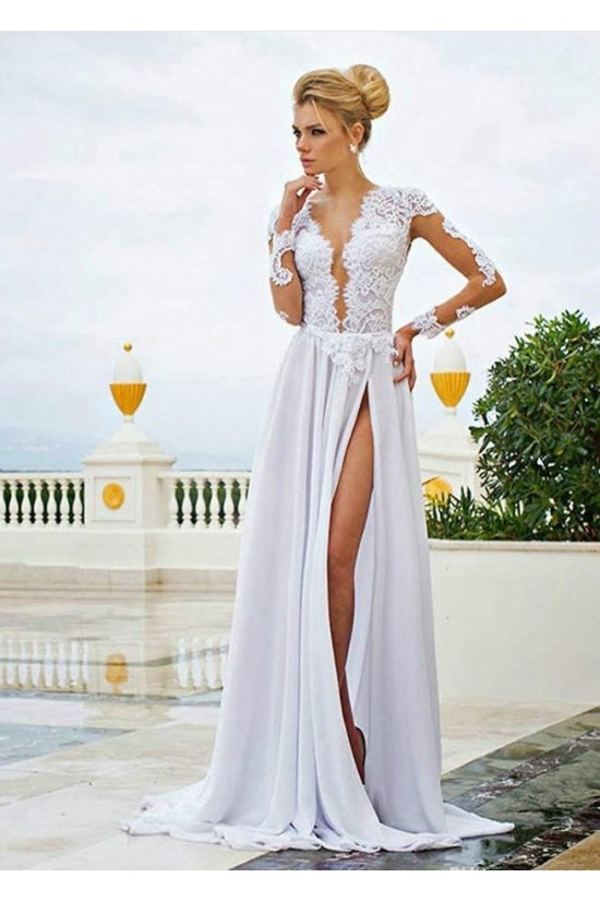 Long Sleeve High Slit Lace Chiffon Wedding Dresses Bridal Gowns 3030009 Long Sleeve High Slit Lace Chiffon Wedding Dresses Bridal Gowns 3030009