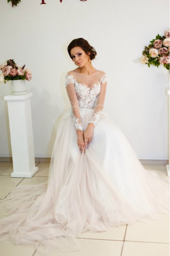 Sheer Long Sleeves Lace Tulle Wedding Dresses Bridal Gowns 3030018 Sheer Long Sleeves Lace Tulle Wedding Dresses Bridal Gowns 3030018