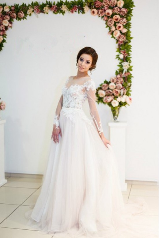 Sheer Long Sleeves Lace Tulle Wedding Dresses Bridal Gowns 3030018 Sheer Long Sleeves Lace Tulle Wedding Dresses Bridal Gowns 3030018