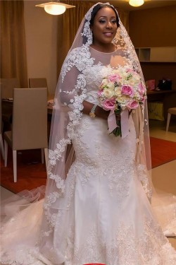 Mermaid 3/4 Length Sleeves Plus Size Lace Wedding Dresses Bridal Gowns 3030053