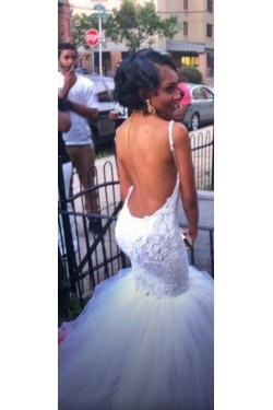 Backless Lace Mermaid Spaghetti Straps Wedding Dresses Bridal Gowns 3030086