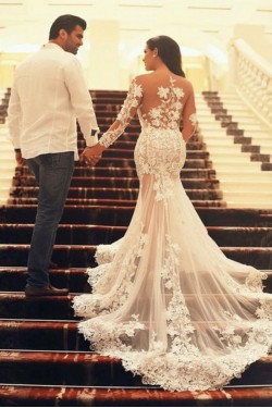 Long Sleeves Lace Sheer Mermaid Wedding Dresses Bridal Gowns 3030087