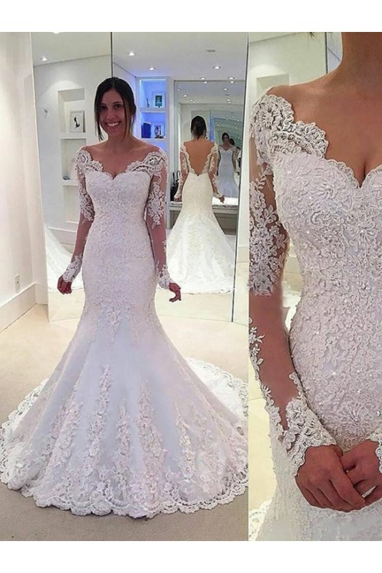 Lace Long Sleeves Mermaid Backless Wedding Dresses Bridal Gowns 3030093