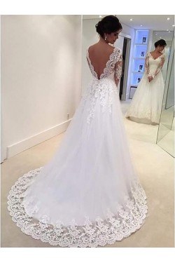 A-Line Long Sleeves Lace V-Neck Wedding Dresses Bridal Gowns 3030095