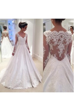 A-Line Long Sleeves Lace V-Neck Wedding Dresses Bridal Gowns 3030096