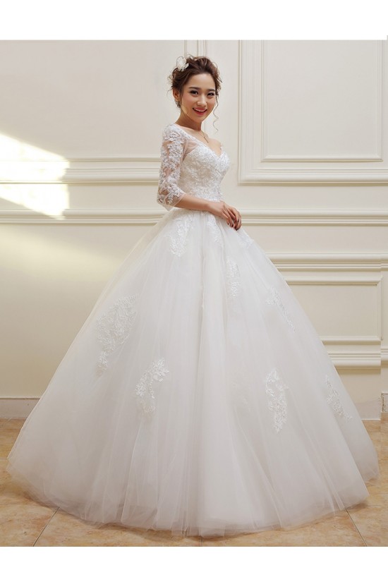3/4 Length Sleeves V-Neck Lace Wedding Dresses Bridal Gowns 3030108