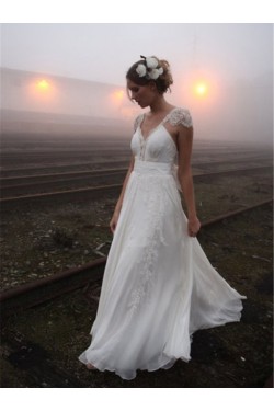 Cap Sleeves Lace Chiffon Backless Wedding Dresses Bridal Gowns 3030158