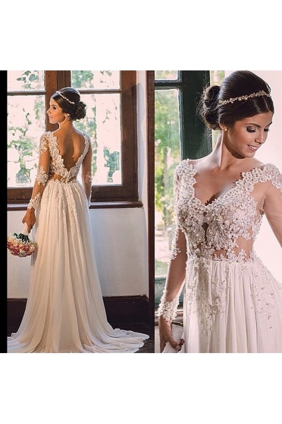 Sexy Long Sleeves V-Neck Lace Chiffon Wedding Dresses Bridal Gowns 3030209 Sexy Long Sleeves V-Neck Lace Chiffon Wedding Dresses Bridal Gowns 3030209