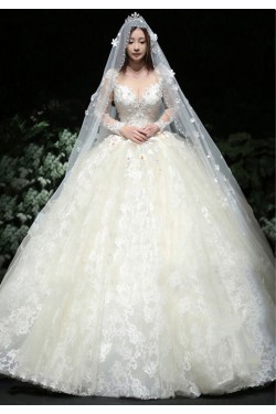 Ball Gown Lace Long Sleeves V-Neck Wedding Dresses Bridal Gowns 3030231