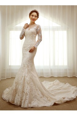 Mermaid Long Sleeves Sheer Lace Wedding Dresses Bridal Gowns 3030232