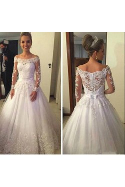 A-Line Long Sleeves Off-the-Shoulder Lace Wedding Dresses Bridal Gowns 3030249