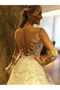 A-Line Long Sleeves Lace Sheer Wedding Dresses Bridal Gowns 3030262