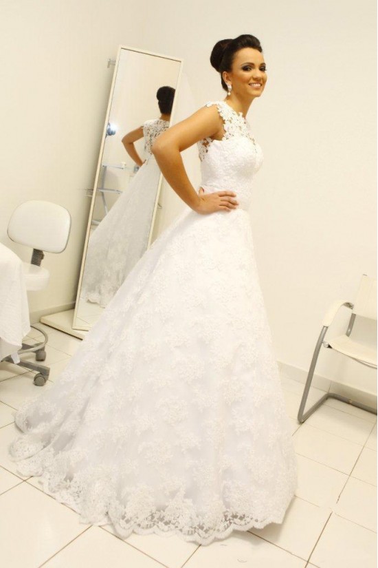 A-Line Jewel Neckline Lace Sleeveless Wedding Dresses Bridal Gowns 3030266