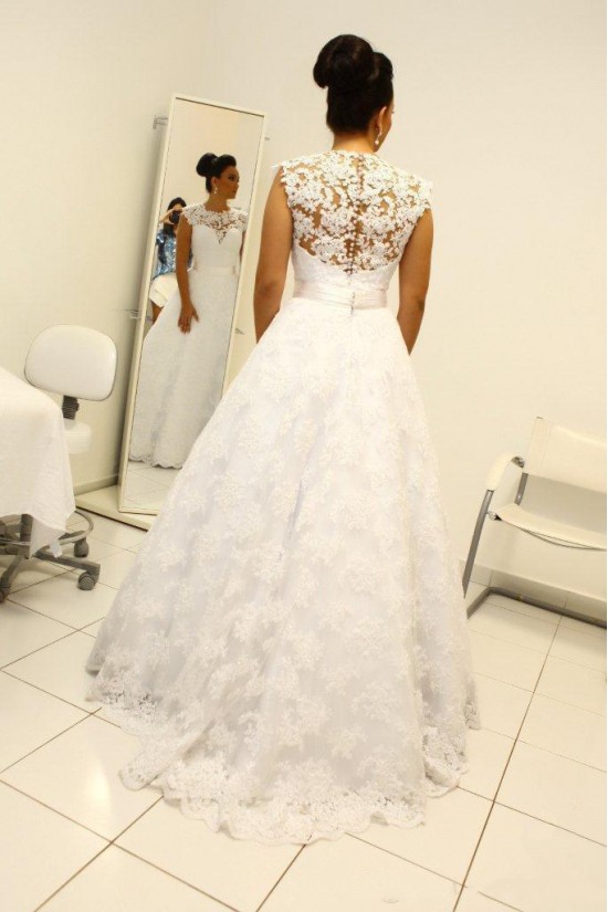A-Line Jewel Neckline Lace Sleeveless Wedding Dresses Bridal Gowns 3030266