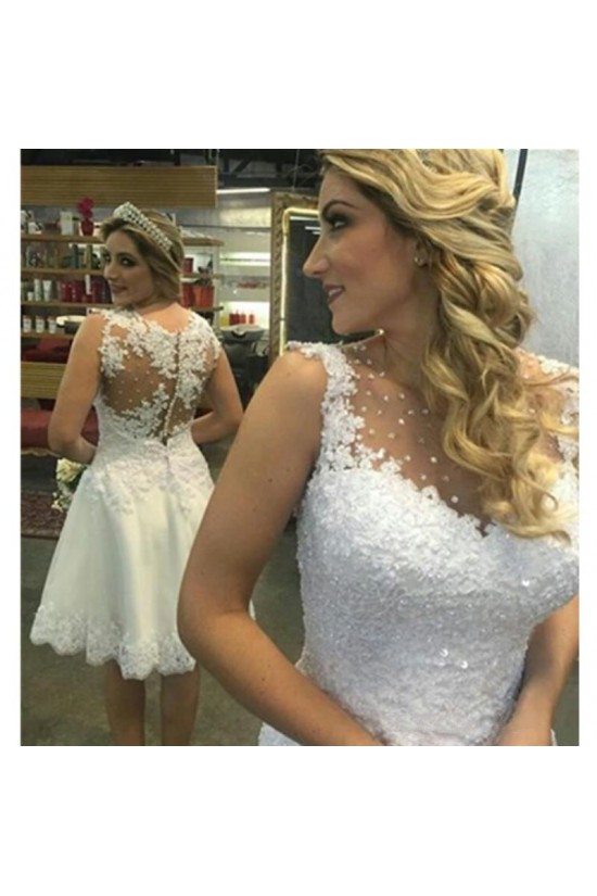 A-Line Short Illusion Neckline Lace Wedding Dresses Bridal Gowns 3030290