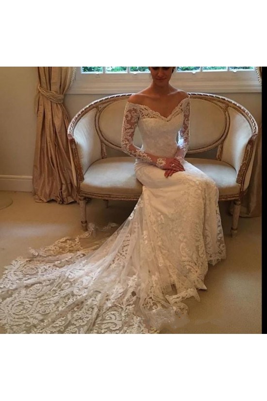 Lace Long Sleeves Off-the-Shoulder V-Neck Mermaid Wedding Dresses Bridal Gowns 3030312 Lace Long Sleeves Off-the-Shoulder V-Neck Mermaid Wedding Dresses Bridal Gowns 3030312